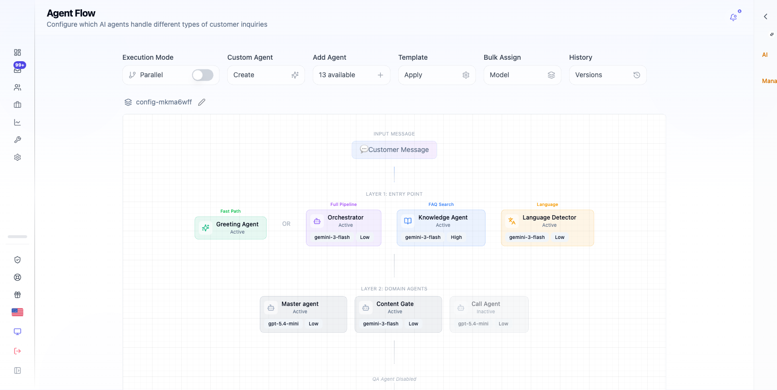 Agent Flow visual editor with connected nodes.