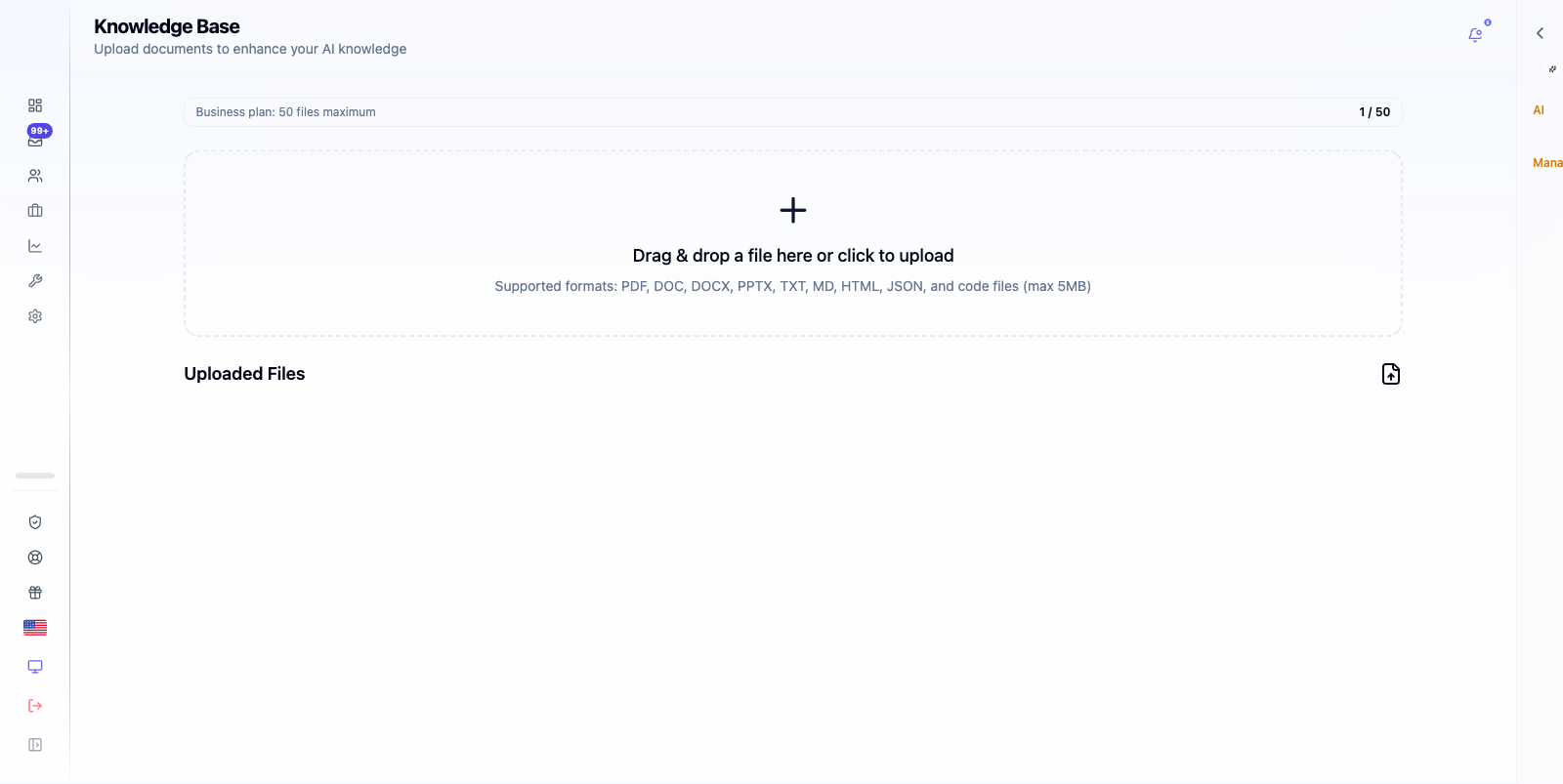 Knowledge tab with a list of uploaded documents.
