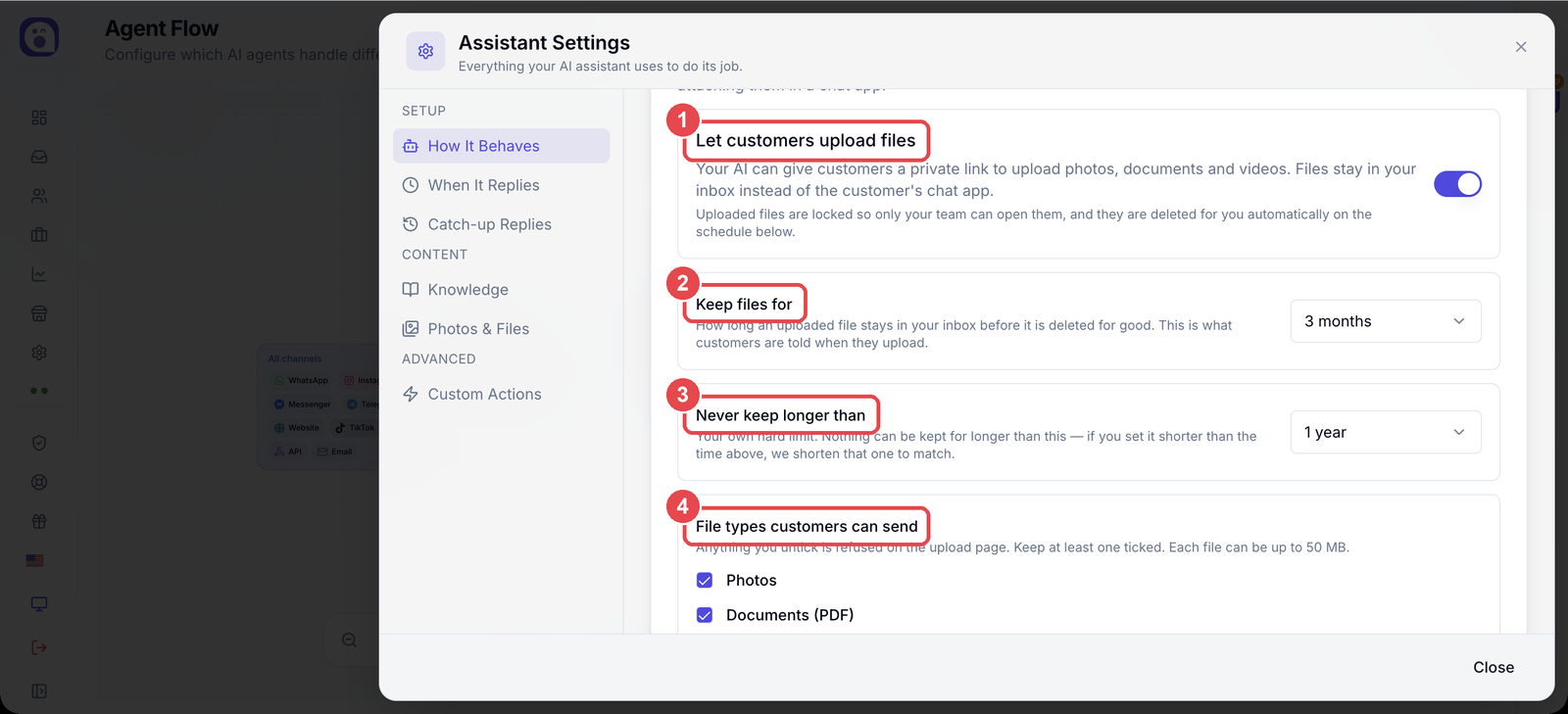 The Secure file uploads card on the Agent Configuration General page, showing the main switch, how long files are kept, and which file types customers may send.