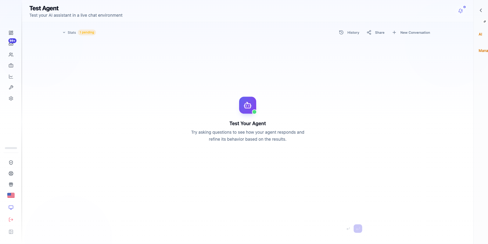 Test tab with a chat interface showing a test conversation.