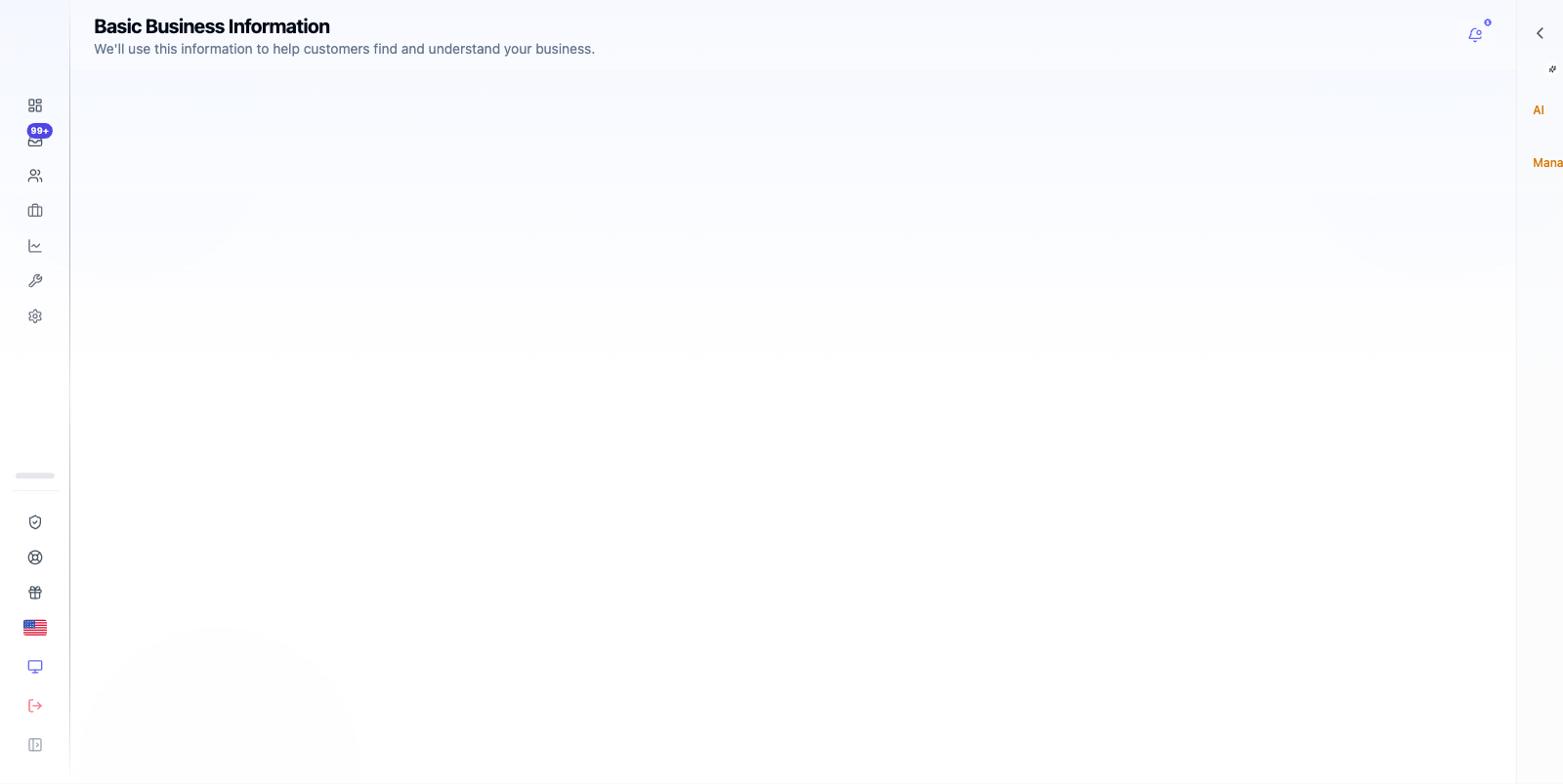Business Info form with name, address, and socials.