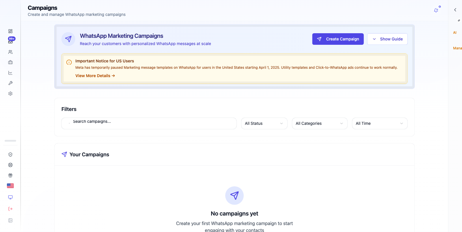 Campaigns list with past and scheduled campaigns.