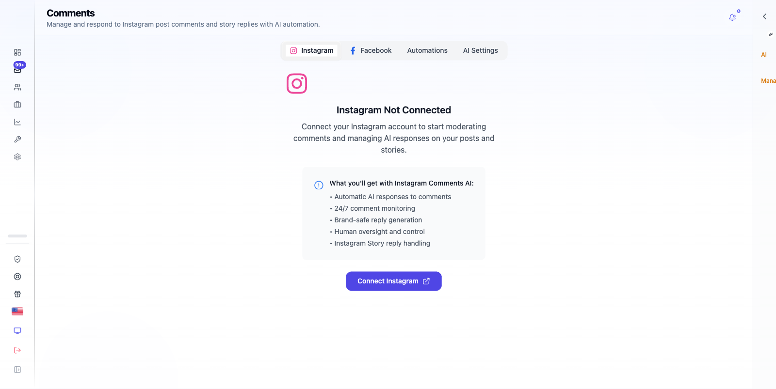 Comments page with monitored posts and the AI Prompt editor.