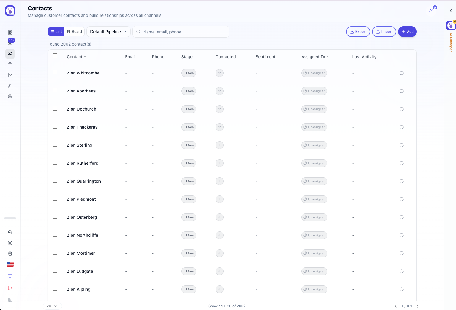Contacts page showing a searchable table of customers with tags and channels.