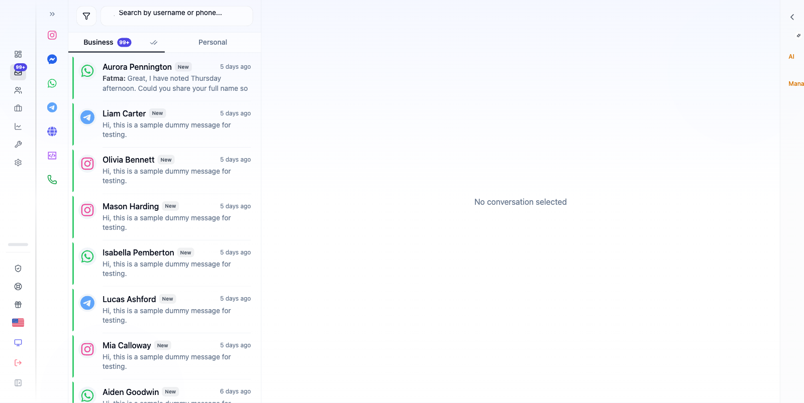 The Entagl Inbox with a list of conversations on the left and an open chat in the middle.