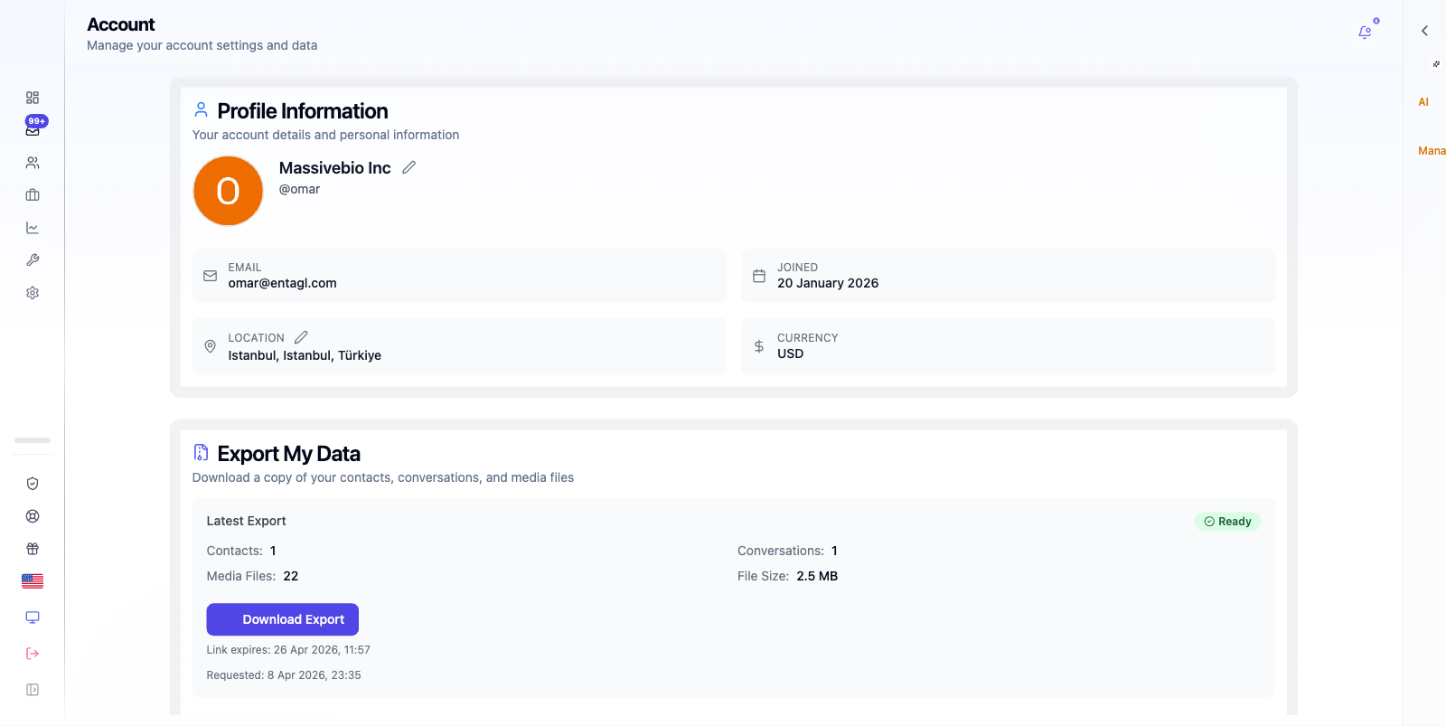 Account settings with personal info.