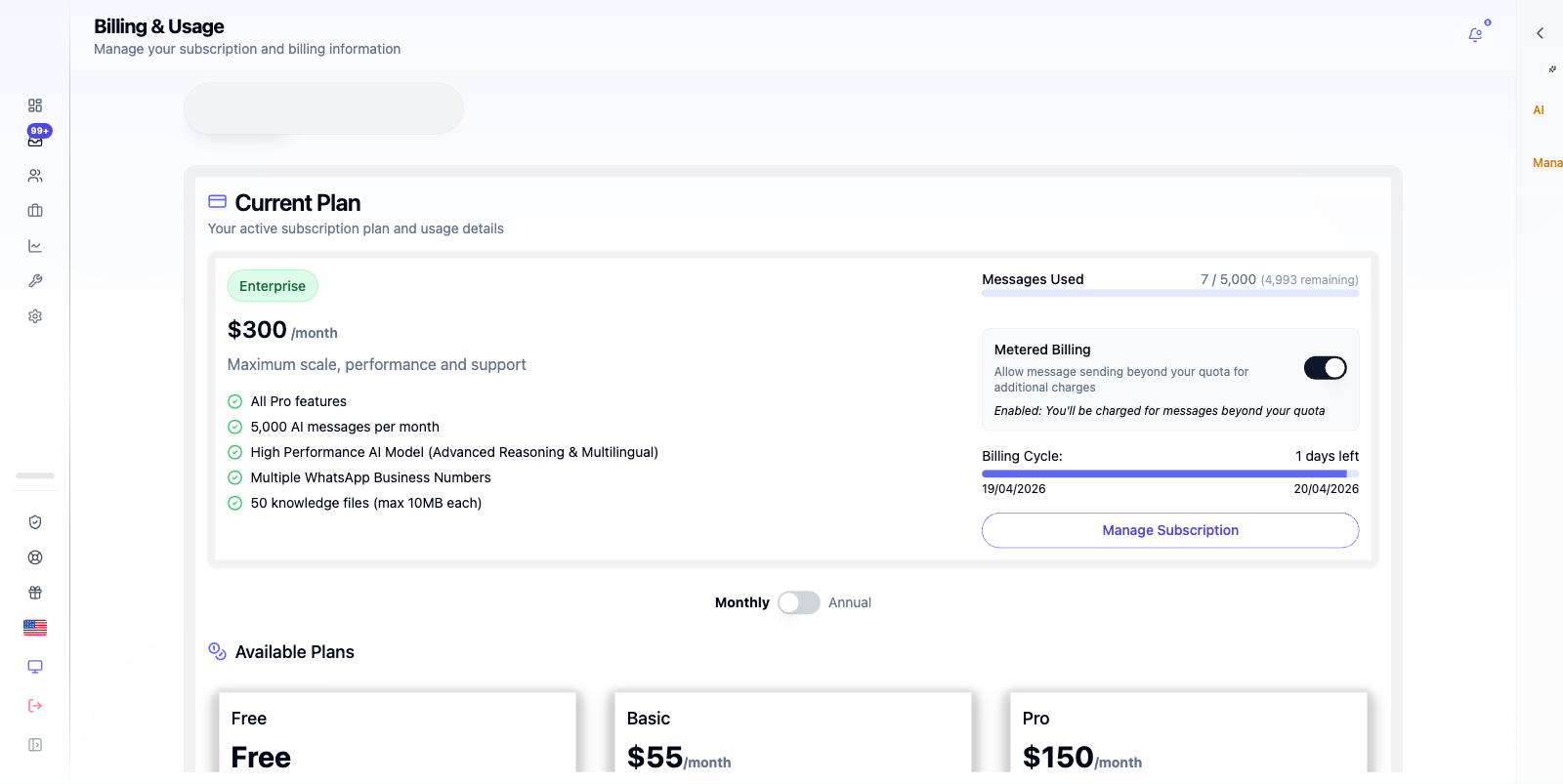 Billing page with plan details and invoices.