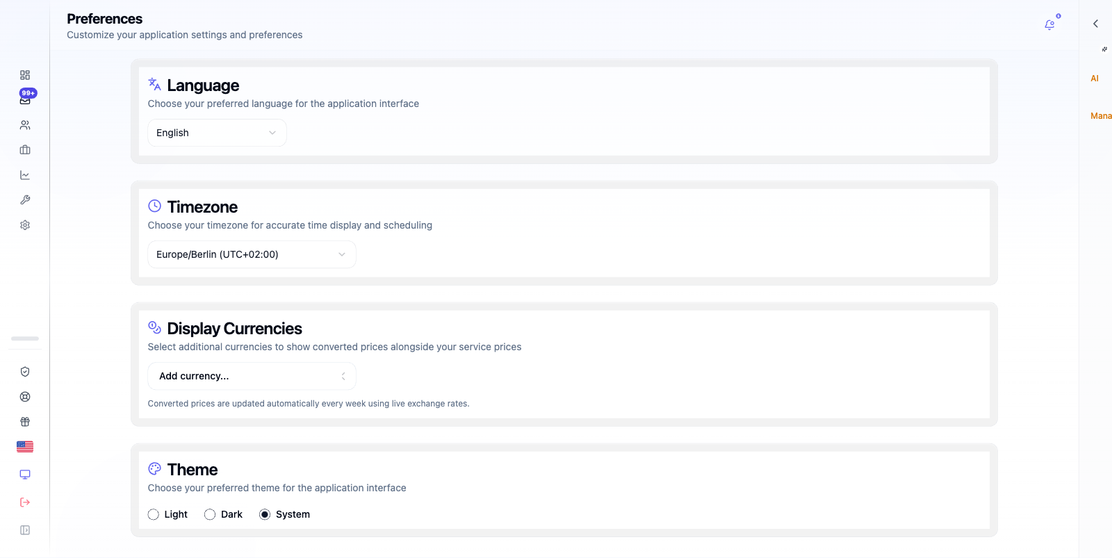 Preferences page with theme, language, and handover toggles.
