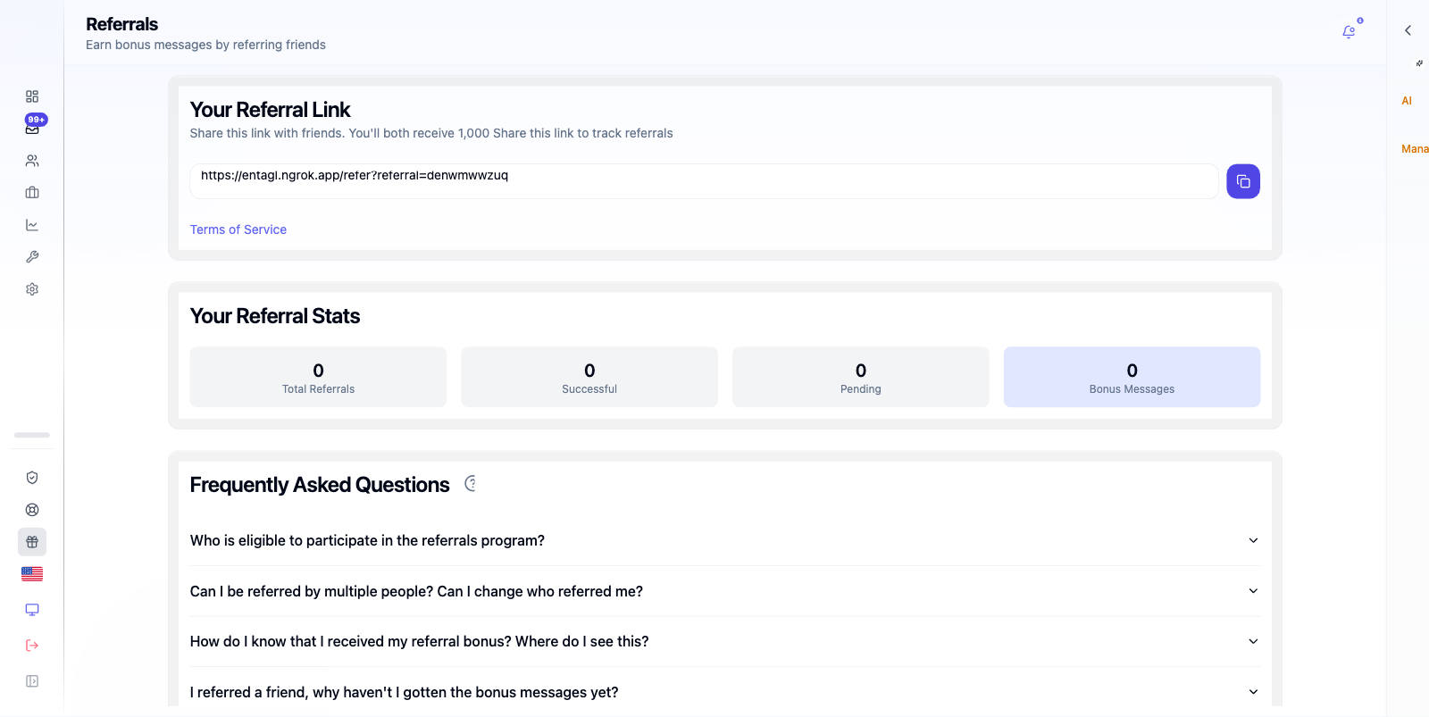 Referrals page with share link and earned rewards.